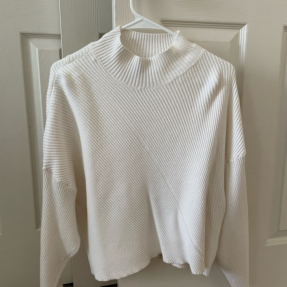Maeve White Cowl Neck Sweater with Ribbed Texture